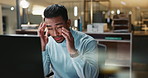 Businessman, headache and migraine in office with stress and burnout for online research on work project. Asian person, computer and tired with eye strain in workplace and fatigue or anxiety at desk