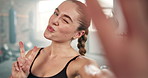 Happy, face or woman in gym selfie on workout, exercise or training break on social media vlog. Influencer, peace sign or healthy person with smile, pictures or photograph for online post for fitness