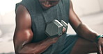 Fitness, hands or black man training with dumbbells, powder or power in workout for wellness at gym. Closeup, lifting weights or healthy sports athlete in exercise for biceps muscle or development 