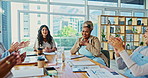 Meeting, clapping hands and business women in office with success, achievement or victory. Applause, diversity and professional female designers cheering for good news in workplace boardroom.