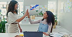 High five, celebration and woman with success in business, teamwork or support for news of achievement. Happy, people and congratulations for winning promotion, bonus or excited in office for project