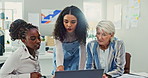 Office, brainstorming and group of women at laptop together for digital review, feedback or help with update. Training, teamwork and employees at computer with online report, email and empowerment.