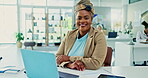 Face, laptop for design and business black woman in office with job satisfaction as creative employee. Portrait, smile and computer with confident mature person at workplace desk for artistic career