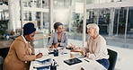 Manager, business women and group, training and discussion in office meeting with mentor. Senior leader, team and financial consultants brainstorming ideas, planning and writing notes for project