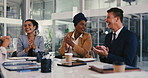 Happy, business people and applause in meeting for promotion, winning or congratulations at office. Group of excited employees clapping with smile for success or celebration for bonus at workplace