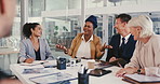 Woman, colleagues and boardroom or laughing with collaboration or diversity, brainstorming or documents. Financial employees, consultant and teamwork in office for planning, professional or funny