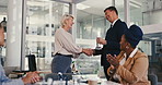 Happy, business people and handshake in meeting for award, winning or congratulations with applause at office. Group of excited shaking hands with smile in celebration for promotion at workplace