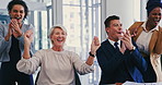 Happy, business people and applause for congratulations, promotion or winning in teamwork at office. Excited group of employees clapping with smile for bonus, achievement or success at workplace