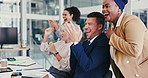 Excited, business people and applause for congratulations, promotion or winning in teamwork at office. Happy group of employees clapping with smile for bonus, achievement or success at workplace