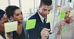 Business people, writing and schedule planning in brainstorming tasks or meeting on glass board at office. Group of employees thinking in reminder, strategy or collaboration for teamwork at workplace