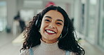 Smile, portrait and woman in office for telemarketing, support or customer service. Female agent, face and speaking to client with headset for call centre, consultation or online assistance in office