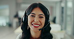 Woman, smile and portrait with headset for communication, support or customer service. Female agent, face and talking to client for telemarketing, consultation or online assistance in call centre