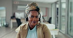 Face, video call and black woman with telemarketing, agent and communication with headphones. Portrait, African person and insurance consultant with headset and customer support with advice and help