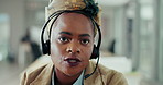 Face, video call and black woman with telemarketing, customer service and communication with headphones. Portrait, African person and insurance consultant with headset and tech support with help desk