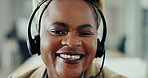 Smile, headset and portrait of woman in call center for customer service, support or help. Black agent, face and speaking to client for telemarketing, consultation or online assistance in office