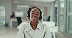 Woman, headset and smile in portrait for customer service, telemarketing or help at call centre. Black agent, face and speaking to client for support, consultation or online assistance in office