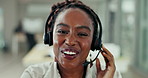 Face, happy and black woman with telemarketing, agent and technical service with headphones. Crm, African person and insurance consultant with headset and customer support with advice and call center