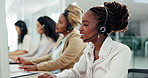 Happy, black woman and work in call center, office with technical support and communication to help with care. Contact us, online and talking with person in customer service and crm telemarketing