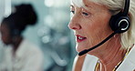 Call centre, face and mature woman on headphones for virtual help, support or customer service. Office, communication and sales agent speaking for telemarketing, consultation or online assistance 