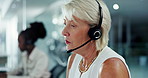 Call centre, talking and mature woman with headset for communication, support or customer service. Office, virtual help and sales agent speaking for telemarketing, consultation or online assistance 