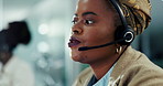 Help desk, advice and black woman with telemarketing, call center and customer service with headphones. Agent, African person or insurance consultant with headset and technical support with advice