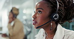 Thinking, face or black woman in call centre for solution, problem solving or customer service. Talking, virtual help or African sales agent speaking on telemarketing, consulting or online assistance