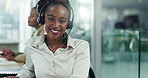 Face, call center and black woman with telemarketing, tech support and communication with headphones. Portrait, African person or insurance consultant with headset and customer service with help desk