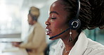 Headset, face or black woman in call center for communication, support or customer service. Talking, virtual help or African sales agent speaking for telemarketing, consultation or online assistance