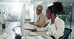 Call centre, listening or black woman with headset for communication, support or customer service. Computer, virtual help and sales agent speaking for telemarketing, consultation or online assistance