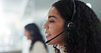 Face, virtual assistant or woman in call center for communication, support or customer service. Advice, help or female sales agent speaking online for telemarketing, consultation or expert assistance