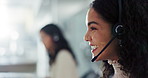 Face, call center and woman talking on headset for customer service, support or communication. Contact us, crm or consulting and happy young telemarketing agent in workplace with smile for assistance