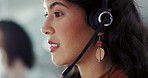 Call centre, talking and woman with headset for communication, support or customer service. Office, virtual help and female sales agent speaking for telemarketing, consultation or online assistance 