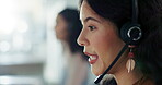 Face, call center and woman problem solving on headset for customer service, support or communication. Contact us, crm or consulting and young telemarketing agent in workplace for help or assistance