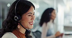 Face, call center and woman speaking on headset for customer service, support or communication. Contact us, crm or consulting and happy young sales agent in workplace with smile for assistance