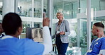 Surgeon, lungs xray or woman teaching in hospital for planning, meeting or healthcare presentation. Hand up, screen or sales representative asking medical people for medicine questions or feedback
