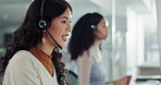 Office, call center and woman with telemarketing, help desk and communication with headphones. Agent, person or insurance consultant with headset and customer support with advice or technical service