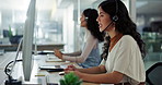 Computer, call center and woman talking on headset for customer service, support or communication. Contact us, crm or consulting and young telemarketing agent in workplace for help or assistance