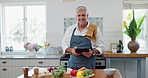 Cooking, smile and mature man with tablet for healthy food, nutrition and research in kitchen. Diet, wellness and home chef with digital app for online recipe, meal prep and dinner tutorial on web.