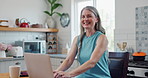 Computer, face and mature woman in kitchen for research online with freelance creative project. Technology, smile and portrait of senior female freelancer designer typing email on laptop at apartment