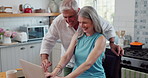 Laptop, happy and mature couple in kitchen networking on social media, website or the internet. Smile, technology and senior man and woman browsing on computer with conversation in apartment.