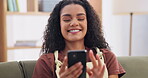 Woman, laughing and scroll with phone on sofa for streaming, social media post and internet meme in home. Person, smartphone and happy for dating app, web search and relaxing in living room of house