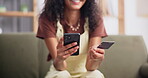  Hands, phone and credit card for payment with woman closeup on sofa in living room of home. Finance, ecommerce and online shopping with happy person in apartment as customer for fintech banking