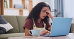 Remote work, laptop or woman with a headache, stress and overworked with burnout and fail. Freelancer, entrepreneur and copywriter with computer or migraine with anxiety or pain with mistake and home