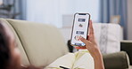 Woman, sofa and smartphone with food on screen for choice, menu and purchase of lunch on website. Female person, living room and technology with online order for ecommerce, shopping and delivery