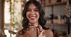 Face, smile and woman at restaurant for leisure, bokeh and positive facial expression at coffee shop in Mexico. Portrait, happy person and customer in cafe laughing, funny and cheerful at cafeteria