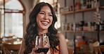 Smile, red wine and conversation with woman in restaurant for celebration of love, anniversary or romance. Face, glass and alcohol with happy young person drinking beverage for romantic dating