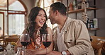 Gossip, dating and couple laughing in restaurant together for love, romance or anniversary celebration. Smile, funny or talking with man and woman drinking wine at romantic dinner for valentines day