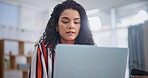 Woman, laptop and typing in office for online connection as freelance journalist for research, information or networking. Female person, internet and email for project proposal, planning or editing