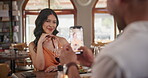 Photograph, memory and couple dating in restaurant together for love, romance or anniversary celebration. Fine dining, picture or posing with man and woman at romantic dinner for valentines day date