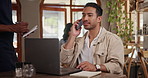 Phone call, laptop and man in coffee shop with waiter for remote work, freelance career and working on computer. Restaurant, cafeteria and person on smartphone for communication, talking and chat